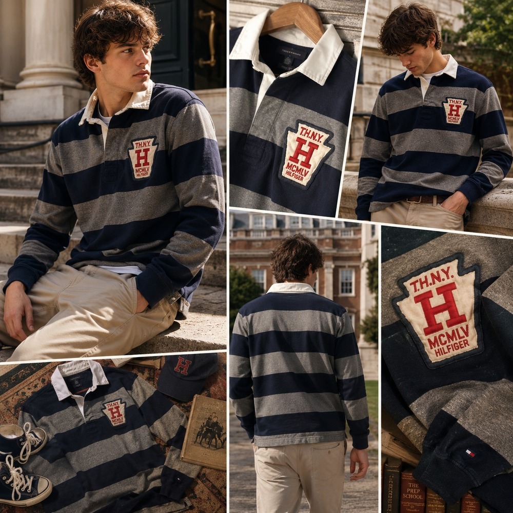 Tommy‎ Hilfiger Rugby Polo Shirt Large L/S Preppy Blue Striped Large Crest Ivy